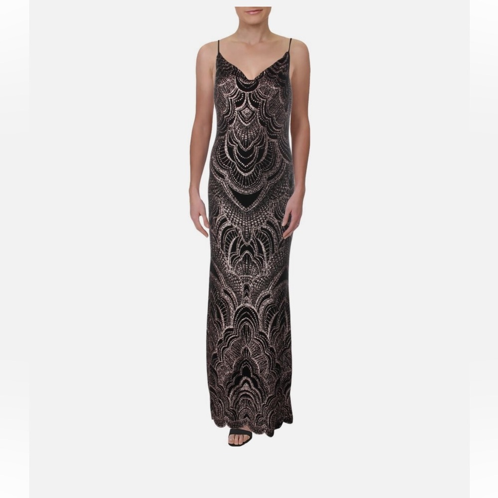 Jump Black with Gold Glitter Accents Spaghetti Strap Formal Long Dress, size 1/2